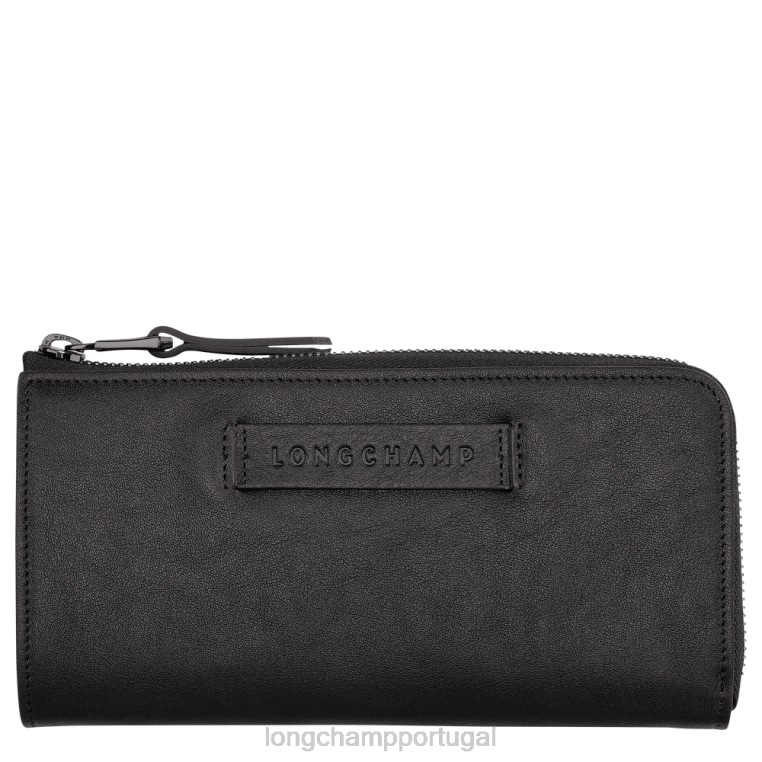 artigos de couro preto H88N620 Carteira 3D com zíper ao redor mulheres Longchamp
